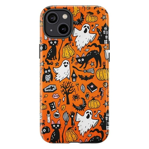 Halloween Cat Phone Case, Spooky Ghosts and Black Cats Pattern, Festive Orange Protective Cover for iPhone 16 15 14 13 12 11 Pro Plus Mini
