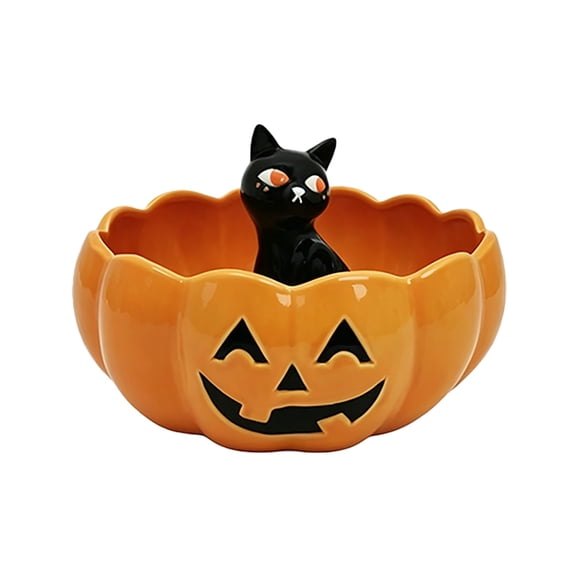 Halloween Cat in Pumpkin Ceramic Serve Bowl, Halloween Pumpkin Candy Bowl, Ceramic Jack O Lantern Candy Dish, Trick or Treat Tabletop Party Decor Serving Bowl, 3.93x2.36"