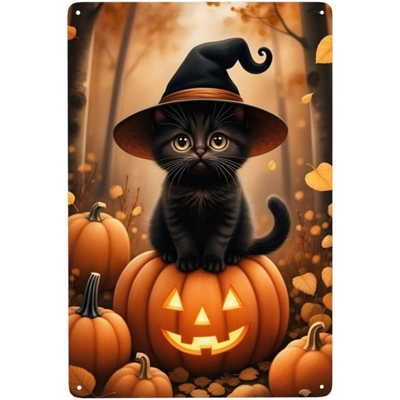 Halloween Cat Pumpkin Fall Rustic 12x8 Inch Vintage Vertical Metal Tin Sign Durable Indoor/Outdoor Wall Decor for Home, Kitchen, Bar or Garage