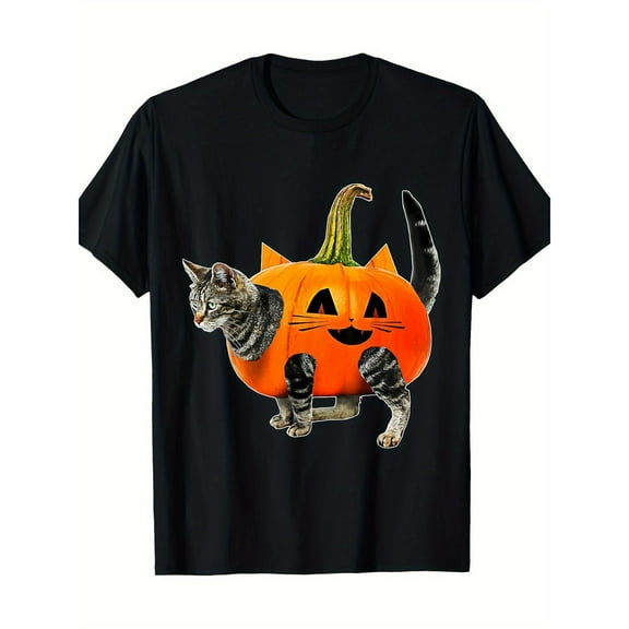 Halloween - Cat Pumpkin Graphic Tee, Tops Has Bold “Cat - Pumpkin” Design, Round Neck Regular Fit T-shirts, Size(S-5XL)
