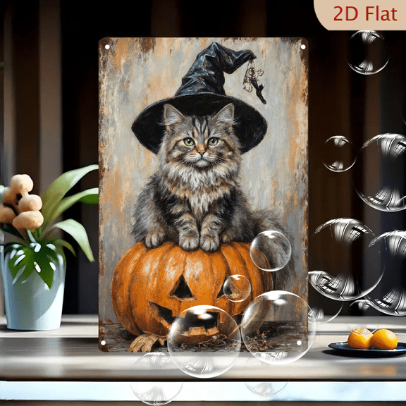 Halloween Cat on Pumpkin Wall Art, 8x12 Inch Vintage Metal Tin Sign, Whimsical Tabby with Witch Hat and Jack-o'-Lantern, Rustic Autumn Decor for Home, Office, Party