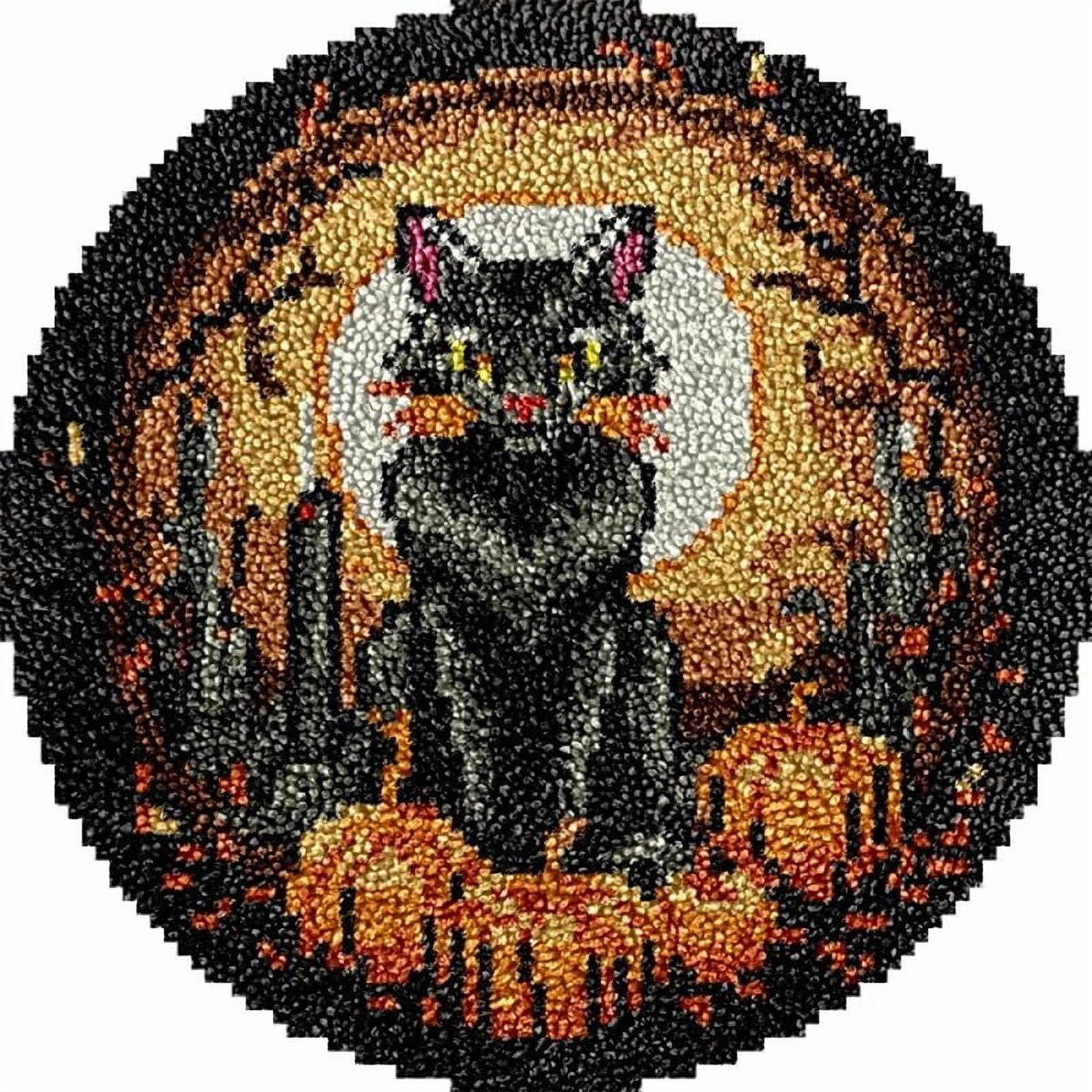 Halloween Cat and Pumpkins Round Shape Latch Hook Rug Kits Set for Starter Crochet Hook Cushion Mat Sofa Seat Cushion Crocheting Kits with Preprinted Canvas Crochet Yarn Kits 50X50cm (ui126)