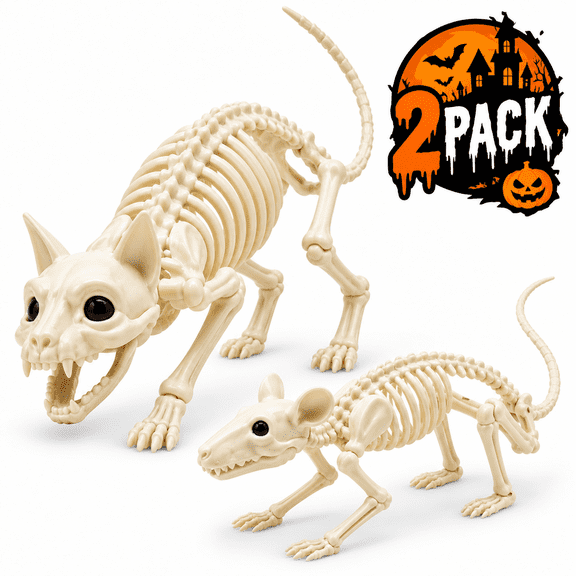 Halloween Animal Skeletons Decoration Fake Cat Rat Halloween Home Decor Indoor for Spooky Haunted House Party Props Outdoor 2-Pack