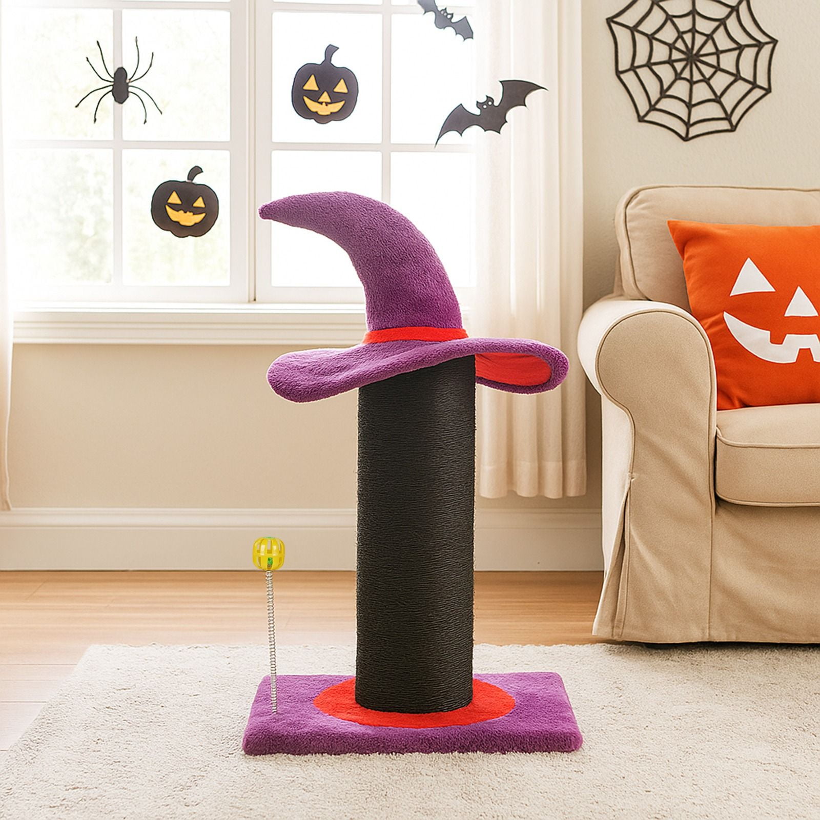 Halloween Cat Scratching Post with Wizard Hat Design, Sisal Rope Scratcher with Spring Ball Toy, Sturdy Base for Indoor Cats, 40*30*60cm