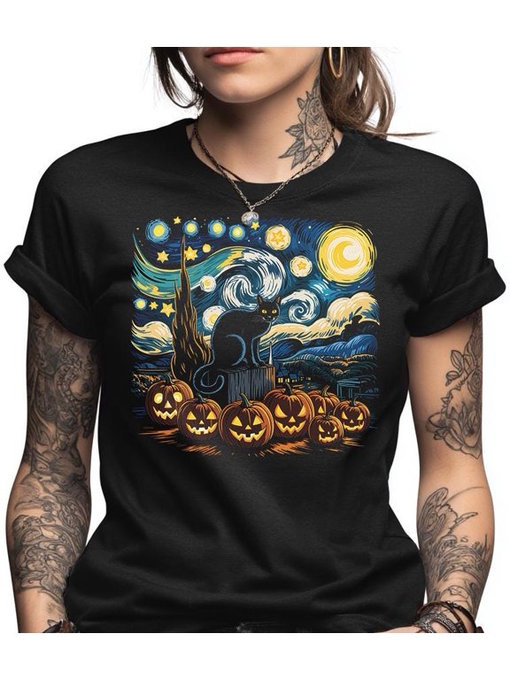 Halloween Cat Shirt, Spooky Jack O Lantern Tee, Starry Night Inspired Black Cat, Witchy Fall Aesthetic, Unique Halloween Party Gift