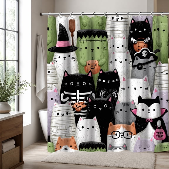 Halloween Cat Shower Curtain, Cute Spooky Cats Bathroom Decor, Witch Mummy Vampire Skeleton Monster Bath Curtain, Funny Trick or Treat Bathroom Accessories, 70.87 x 70.87 Inch