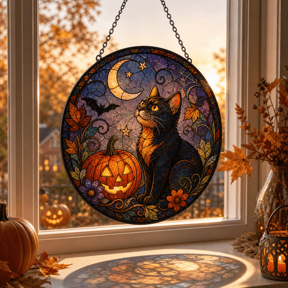 Halloween Cat Stained Glass Suncatcher, Pumpkin Black Cat Window Hanging Decor