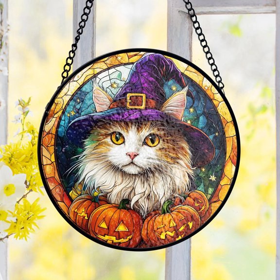 Halloween Cat Stained Glass Suncatcher, Pumpkin Decor Stained Glass Suncatcher, Autumn Holiday Pet Lover Gift Stained Glass Suncatcher