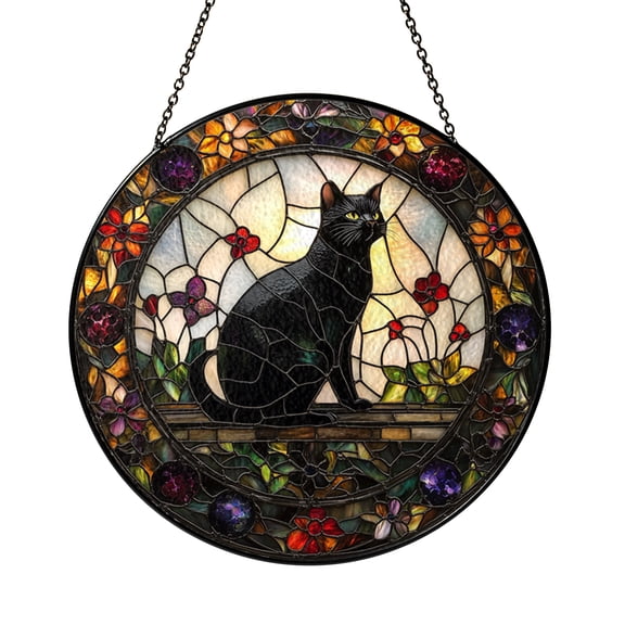 Halloween Cat Stained Glass Window Hanging, Unique Cat Lover Gift for Home Décor