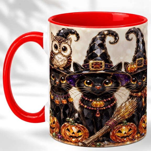 Halloween Cat Trio Coffee Mug, Pumpkin Owl Mug, Ceramic 11 oz