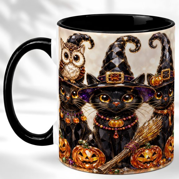 Halloween Cat Trio Coffee Mug, Pumpkin Owl Mug, Ceramic 11 oz