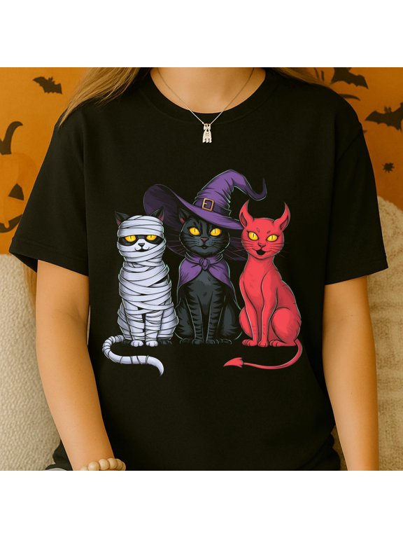 Halloween Cat Trio Shirt, Funny Spooky Cats T-Shirt, Retro Fall Aesthetic Halloween Shirt For Women, Cute Witchy Mummy Devil Cat Design Tee