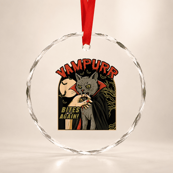 Halloween Cat Vampire Vampurr Bites Again Vintage Horror Glass Ornament