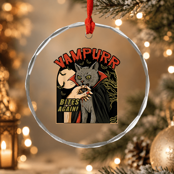 Halloween Cat Vampire Vampurr Bites Again Vintage Horror Ornament, Pet Lover Holiday Gift, Circle Glass Ornament