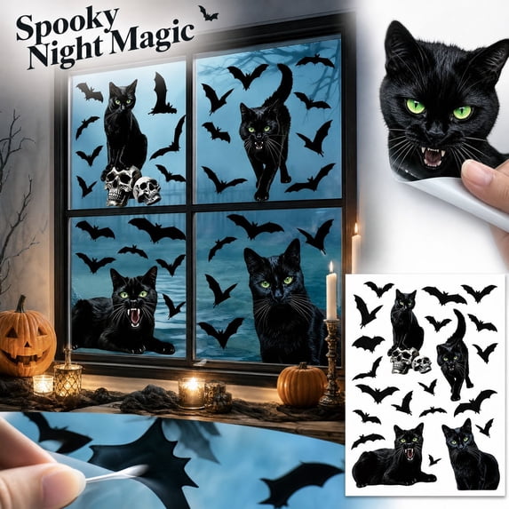 Halloween Cat Window Clings, Reusable Static Decals with Bats and Pumpkin Motifs for Glass Doors, Windows, Mirrors, Storefronts and Party Display Decor