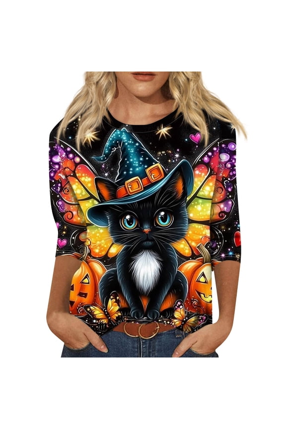 Halloween Cat Witch Print Women's Long Sleeve Shirt, Cute Pumpkin Lantern Graphic Top, Casual Holiday Tee Halloween Tops for Women