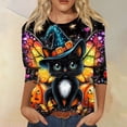 thumbnail image 1 of Halloween Cat Witch Print Women's Long Sleeve Shirt, Cute Pumpkin Lantern Graphic Top, Casual Holiday Tee Halloween Tops for Women, 1 of 3
