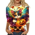 thumbnail image 1 of Halloween Cat Witch Print Women's Long Sleeve Shirt, Cute Pumpkin Lantern Graphic Top, Casual Holiday Tee Halloween Tops for Women, 1 of 3