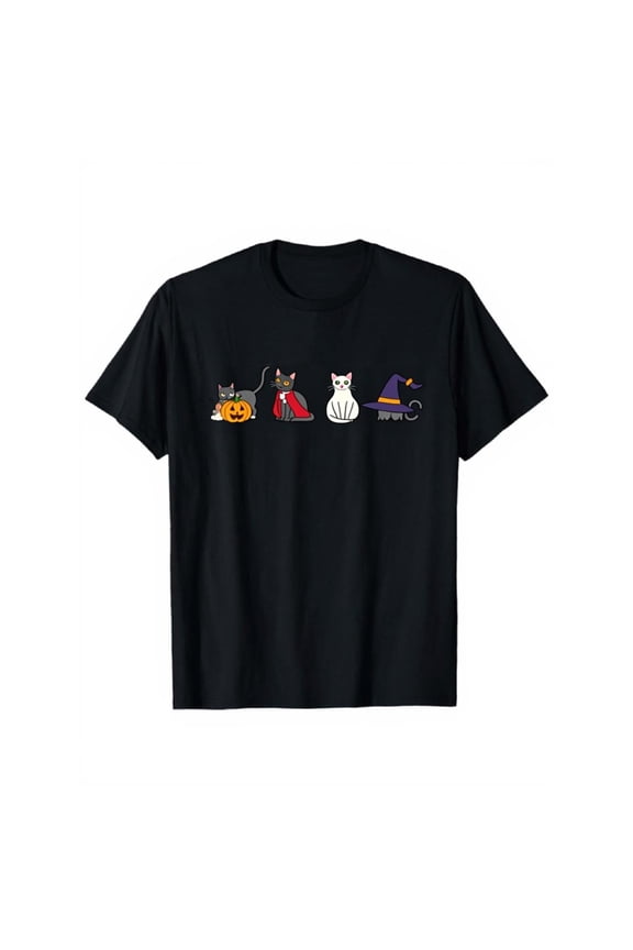 Halloween Cat Witch T Shirt Kitten Broomstick Jack O Lantern Print Tee For Party Short Sleeve Round Neck Black S-5XL