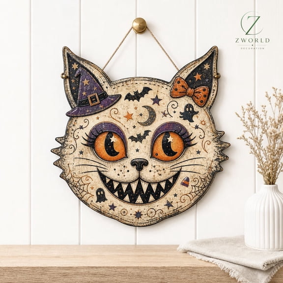 Halloween Cat Wood Door Hanger, Skeleton Black Cat Door Sign, Spooky Monster Cat Porch Decor, Vintage Fall Wooden Sign
