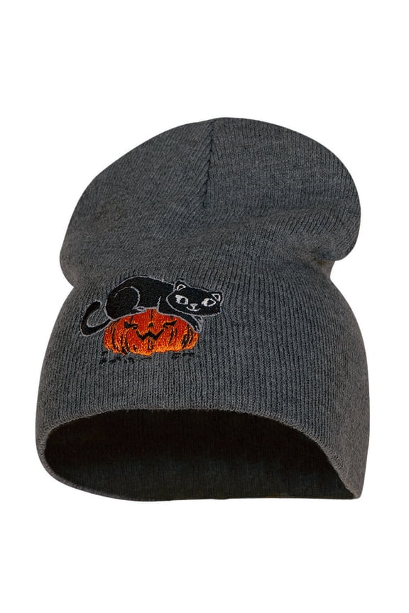 Halloween Cat and Pumpkin Embroidered Knitted Short Beanie - Dark Grey OSFM