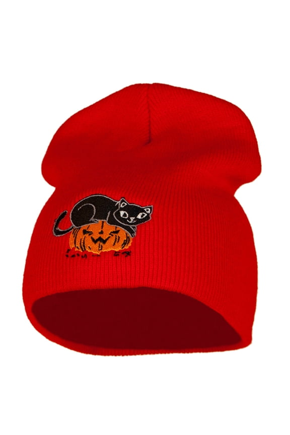 Halloween Cat and Pumpkin Embroidered Knitted Short Beanie - Red OSFM