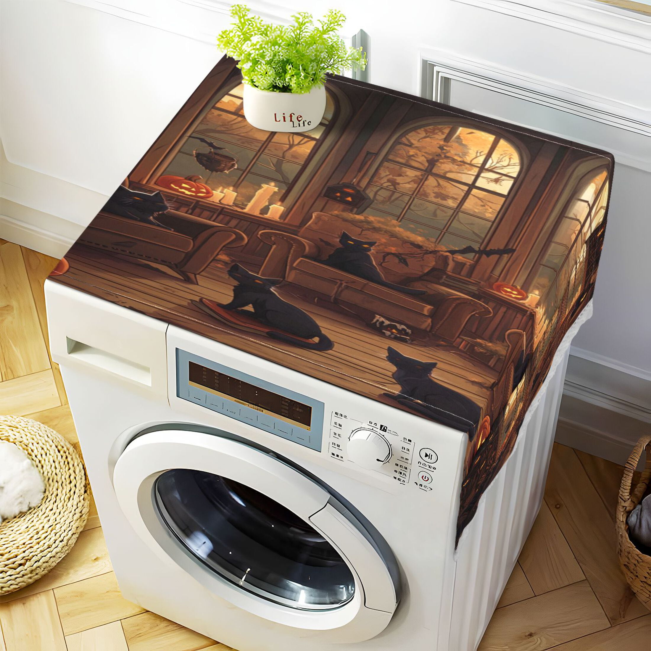 Halloween CatWasher and Dryer Covers Dust-Proof and Oil Resistant Fridge Cover with 4 Storage Pockets Washing Machine Top Cover for Laundry Kitchen Home 51.2 x 22 In