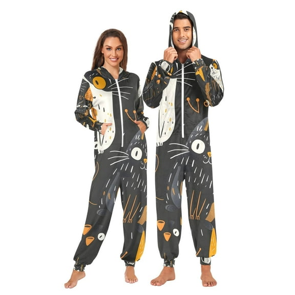 Halloween Cats Adult Onesie Pajamas Slim Fit Christmas One Piece Suit Pjs for Women and Men Hooded Zipper