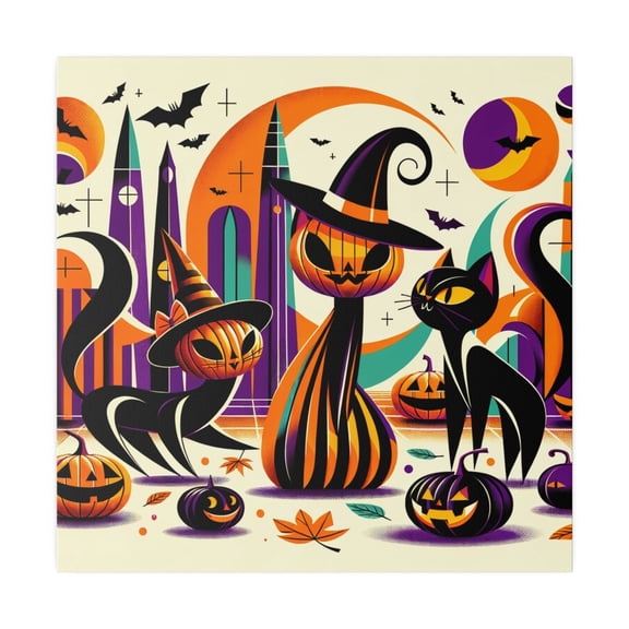 Halloween Cats Atomic Feline Mid Century Pumpkin Witch Fun Wall Art, Seasonal Living Room And Home Decor