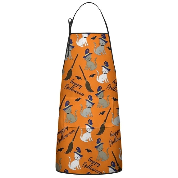 Halloween Cats and Brooms Pattern Apron-Garden Aprons for Women with Pockets-Cotton Linen Waterproof Kitchen Cooking Gardening Aprons Adjustable for Kitchen,Cooking,BBQ and Salon 33"x27"