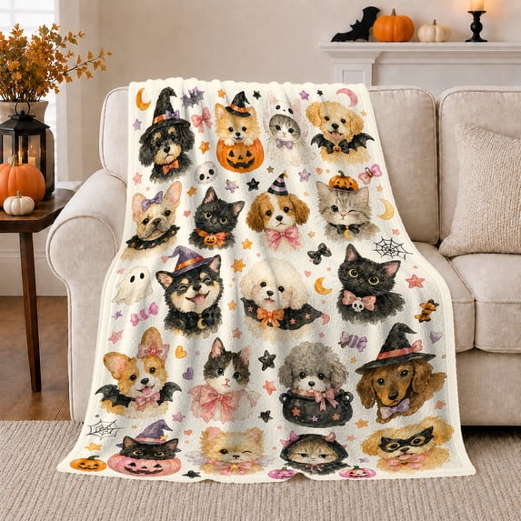 Halloween Cats and Dogs with Pumpkins, Playful Holiday Style for Pet Lovers, Cute Costume Pet Pattern and Halloween Gift, Cozy Flannel Blanket for Family Room and Playroom, Home Decor