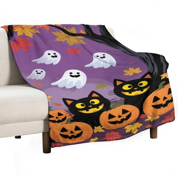Halloween Cats Ghosts Pumpkins Leaves Tree Throw Blanket for Women, Men- Super Soft Plush Blanket Throw Fleece Blanket Animal Blanket