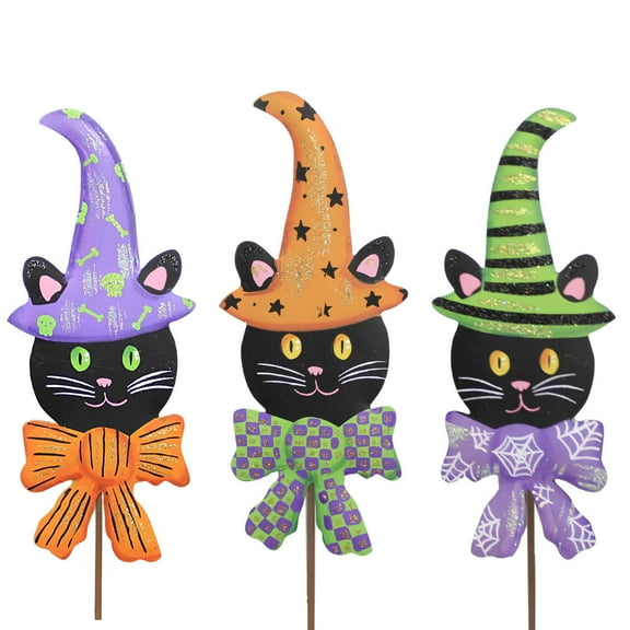 Halloween Cats In Hats Set/3 Stakes Metal Witch Hats F22080