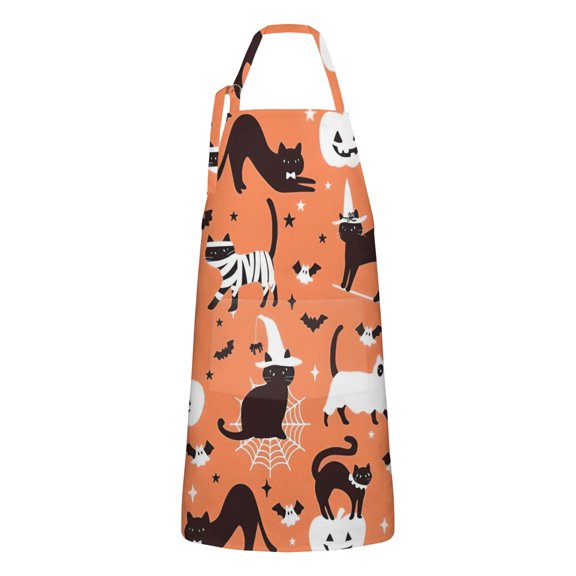 Halloween Cats with Pumpkin and Bat Motifs Apron-Garden Aprons for Women with Pockets-Cotton Linen Waterproof Kitchen Cooking Gardening Aprons Adjustable for Kitchen,Cooking,BBQ and Salon 32"x27"