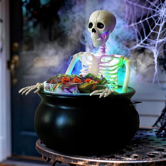 Halloween Cauldron Candy Bowl with Skeleton, LED Mist Maker Decor for Porch Party Table