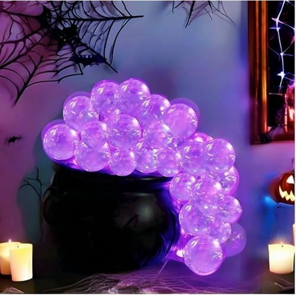 Halloween Cauldron Decor Indoor - Witches Bubbling Cauldron Kit w/ 30 LED Purple Lights, 40 Orbs & Cotton - Vintage Hocus Pocus Theme, Wireless Remote, 8 Light Modes