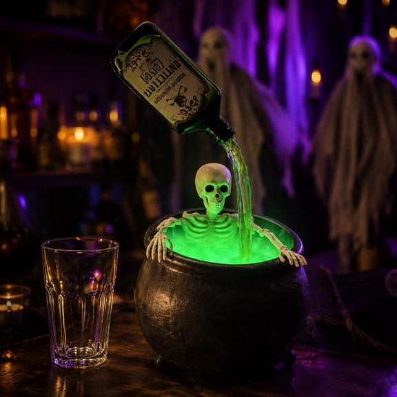 Halloween Cauldron Skeleton Figurine, Green Glowing Potion Bottle Decor, Gothic Witch Style Tabletop Ornament for Home Display