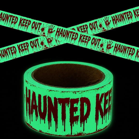 Halloween Caution Tape 2 In x 49 Ft, Glow in The Dark HAUNTED KEEP OUT Bloody Barricade Warning Tape, Self-Adhesive Indoor Outdoor Haunted House Yard Party Decor - Glow 49 Ft