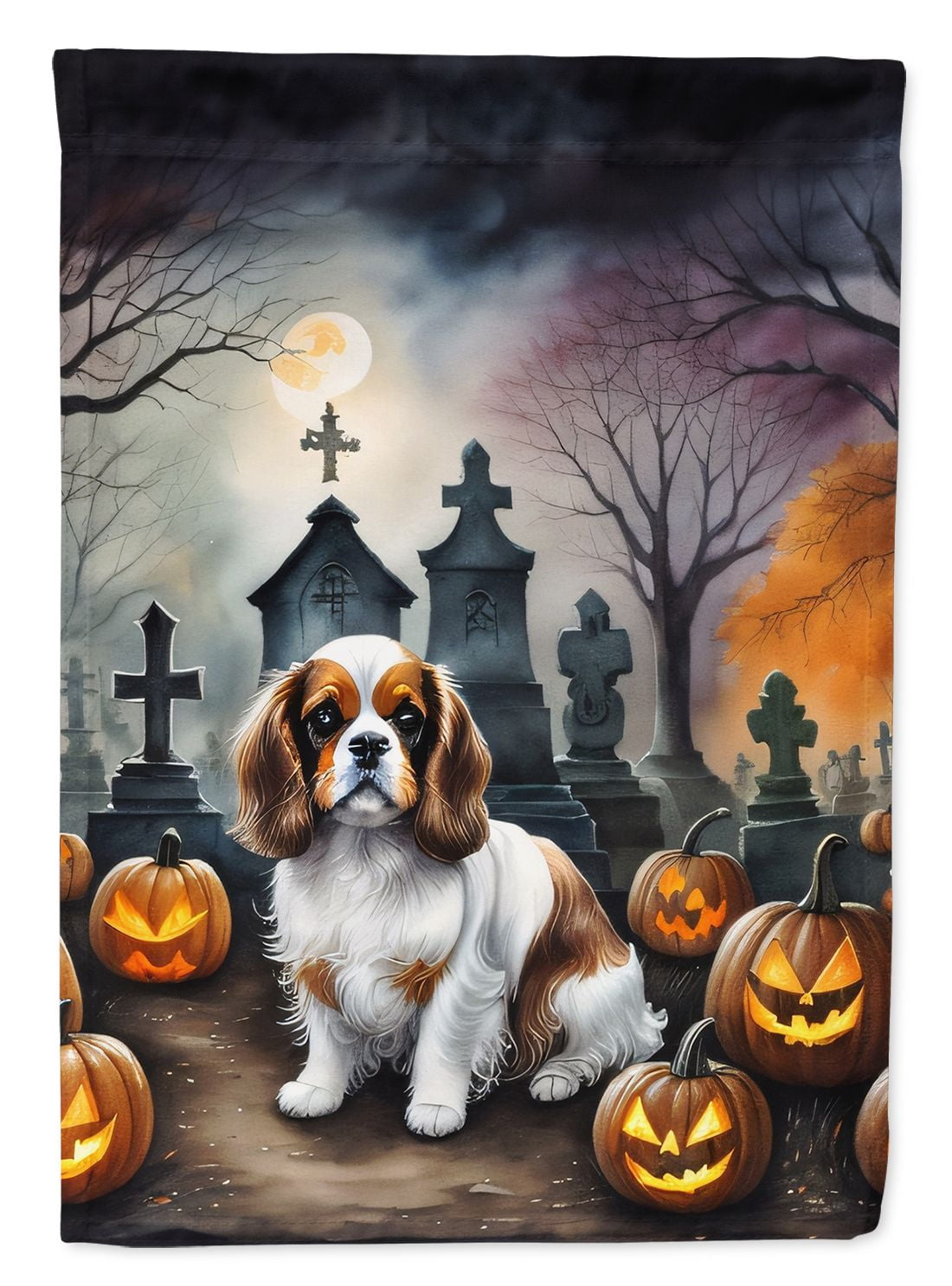 Halloween Cavalier Spaniel Dog House Flag 28x40IN Double-Sided Polyester Decorative Sleeve Pole Flag for Outdoor Home Garden
