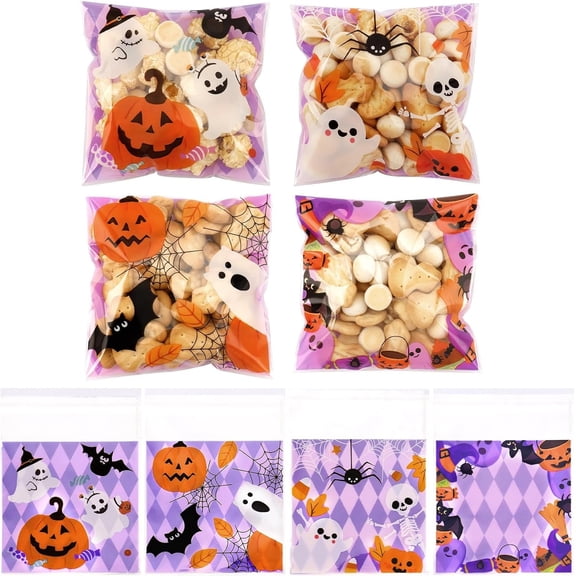 Halloween Cellophane Bags, 100 count Self-adhesive Halloween Candy Bags Bulk, Plastic Ziplock Goodie Snack Cookie Bag for Gifts Trick or Halloweens Party Favors Supplies