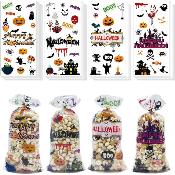 Halloween Cellophane Treat Bags, 100pcs Halloween Trick or Treat Goody Gags with 100pcs Twists for Snacks Cookies Packing, Goodie Bags Party Supplies