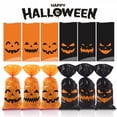 thumbnail image 1 of Halloween Cellophane Treat Bags, 50 Pack with Closures, Spooky Pumpkin Ghost Bat Print, Black and Orange, 1 of 6