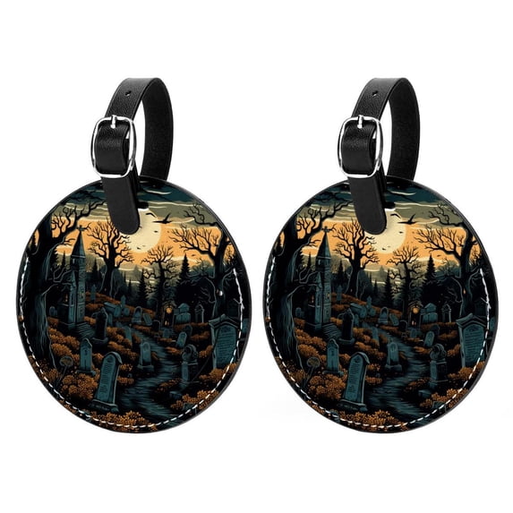 Halloween Cemetery 2Pcs PU Leather Round Luggage Tags with Privacy Cover and Name ID Tag for Suitcase, Handbags, Backpacks, School Bags