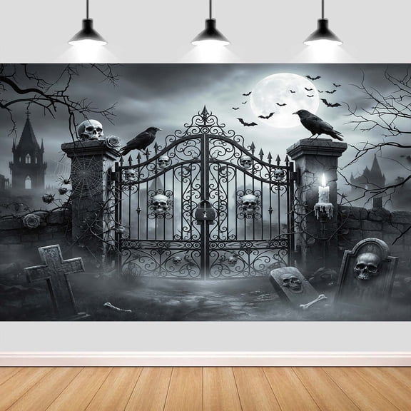 Halloween Cemetery Backdrop, Spooky Graveyard Gate Photography Background with Full Moon, Gothic Haunted House Banner for Cosplay and Portrait Photography,7x5FT