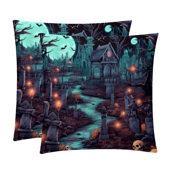 Halloween Cemetery Decorative Bed Pillow Covers Throw Pillows Set with Unique Patterns for all Occasions - 16x16, 18x18, 20x20 inches - 2 Pack Pillow Inserts Included