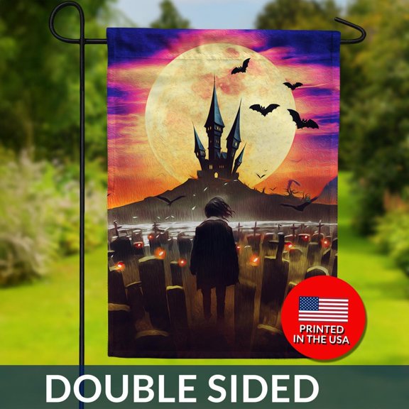 Halloween Cemetery Flag Gothic Castle Full Moon Bats