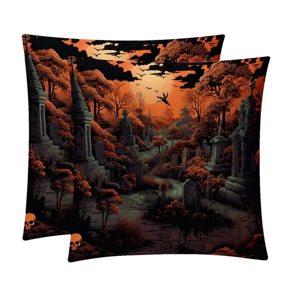 Halloween Cemetery Pillow Covers Set of 2 with Unique Patterns for Bed, Chair, and Throw Pillows - Available in 16x16, 18x18, and 20x20 Inchesfor Various Occasions
