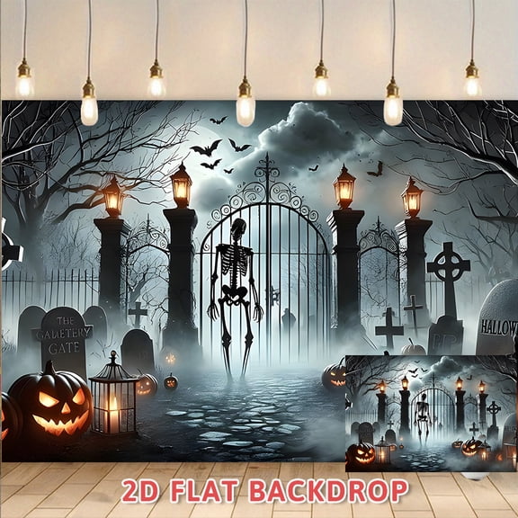 Halloween Cemetery Skeleton Backdrop, Spooky Atmosphere Decorative Banner, Perfect for Holiday Party Scene Arrangement, Haunted House Themed Events & Festive Celebrations