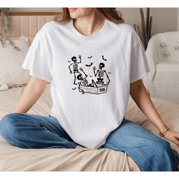 Halloween Cemetery Skeletons Creepy Quote Spooky Season Graphic Print Unisex T-Shirt, for men & women, up to size 5XL