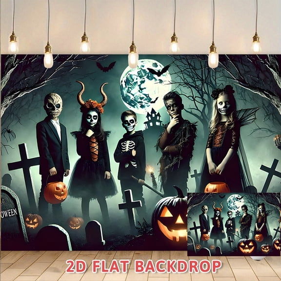 Halloween Cemetery Theme Backdrop, Spooky Moonlit Skull Scene Decor Prop, Suitable For Holiday Party, Photography Studio Decoration, Event Venue Ambiance Creation